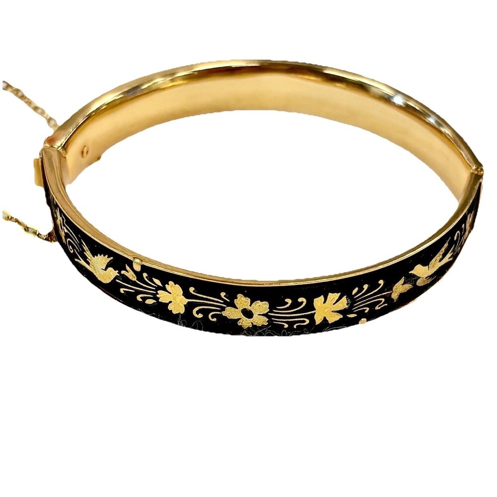 VTG Hinged Bangle Bracelet Gold Black Velvet Flocked Bird Floral Safety Chain